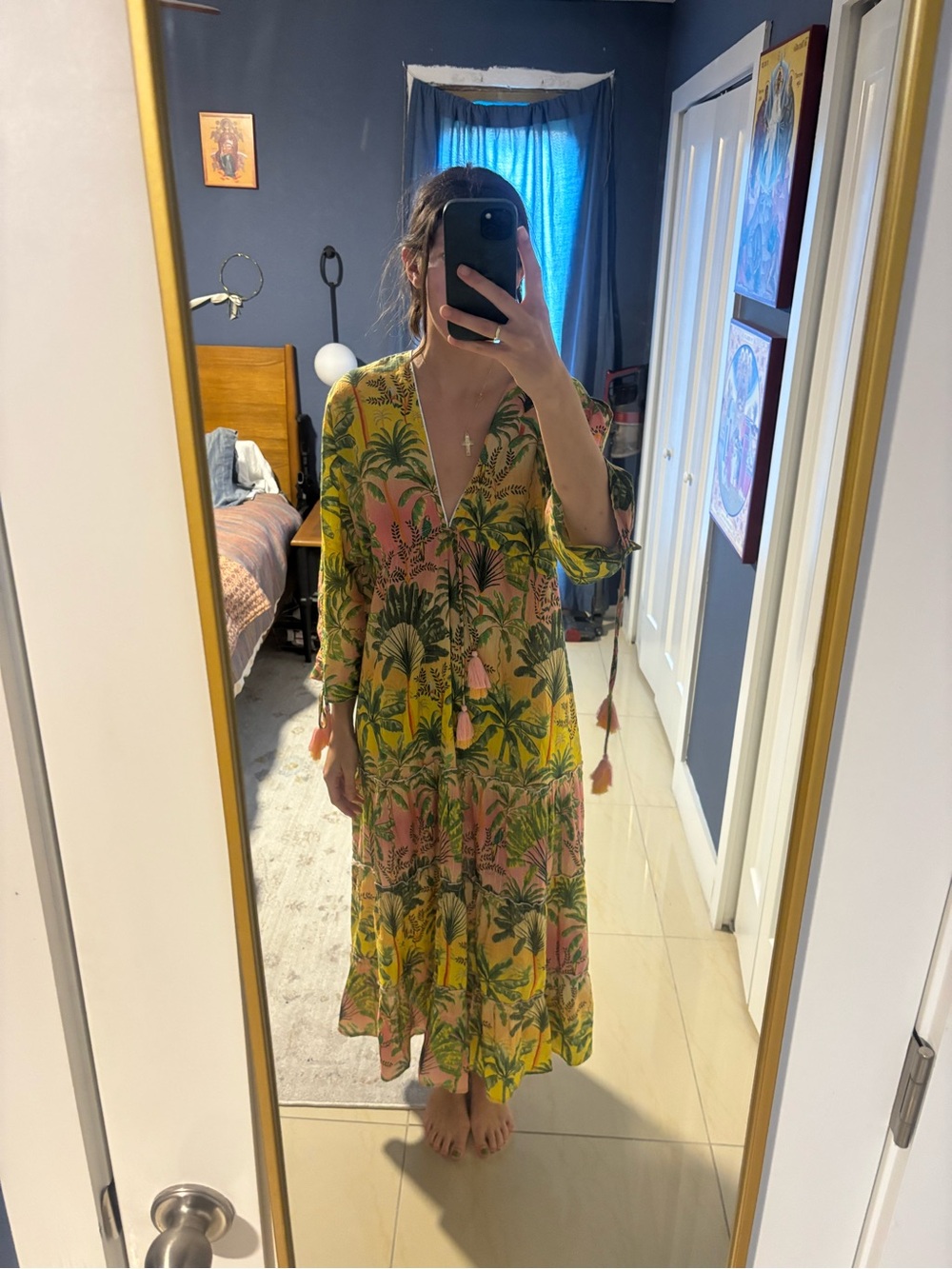 Tropical Yellow & Pink Palm-Print Swim Coverup Dress